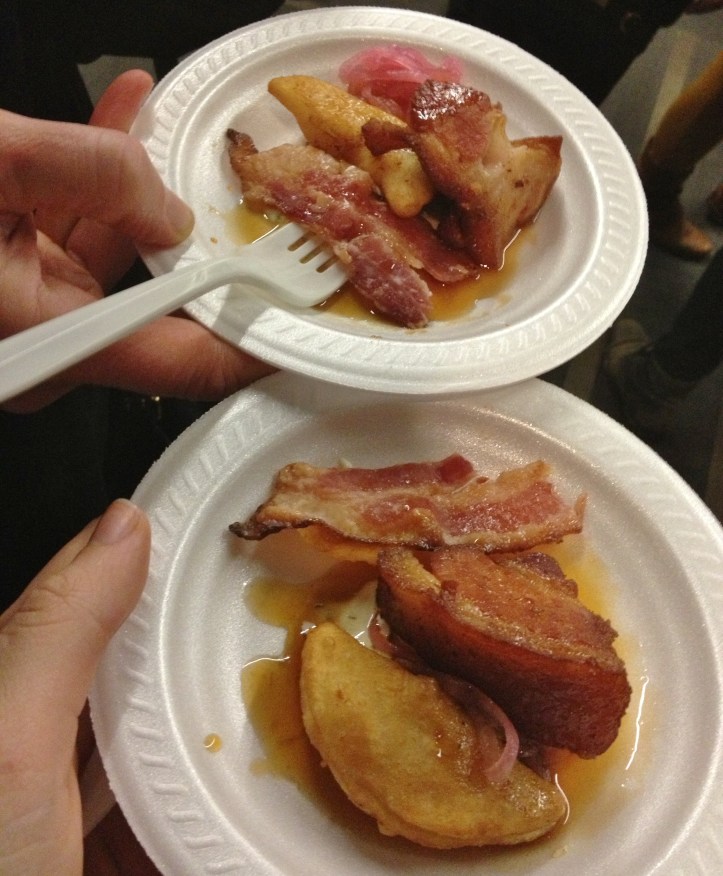 Confit pork belly, smoked bacon & a pierogi from Mitch's Pork Station -- a delicious trio.