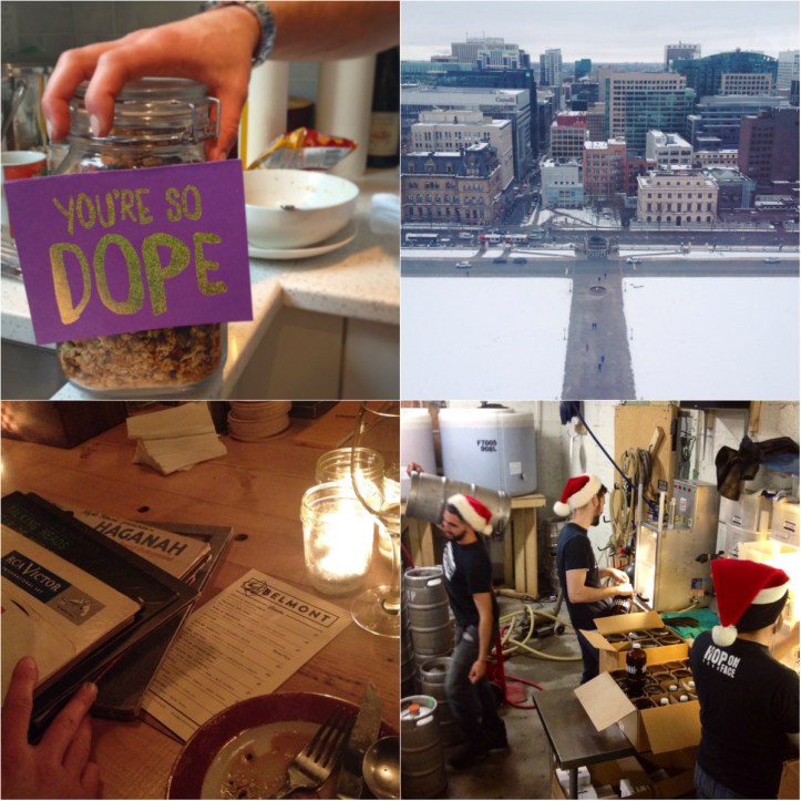 Dope pal/granola, the view from the Peace Tower, old records at the Belmont Snackbar, busy elves at the brewery